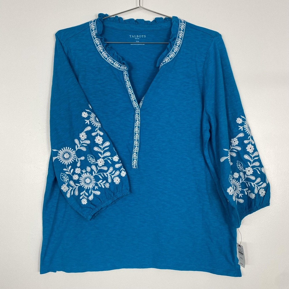 Talbots Shirt Womens Petite XL Blue Embroidered Floral 3/4 Sleeve Tunic Top Boho